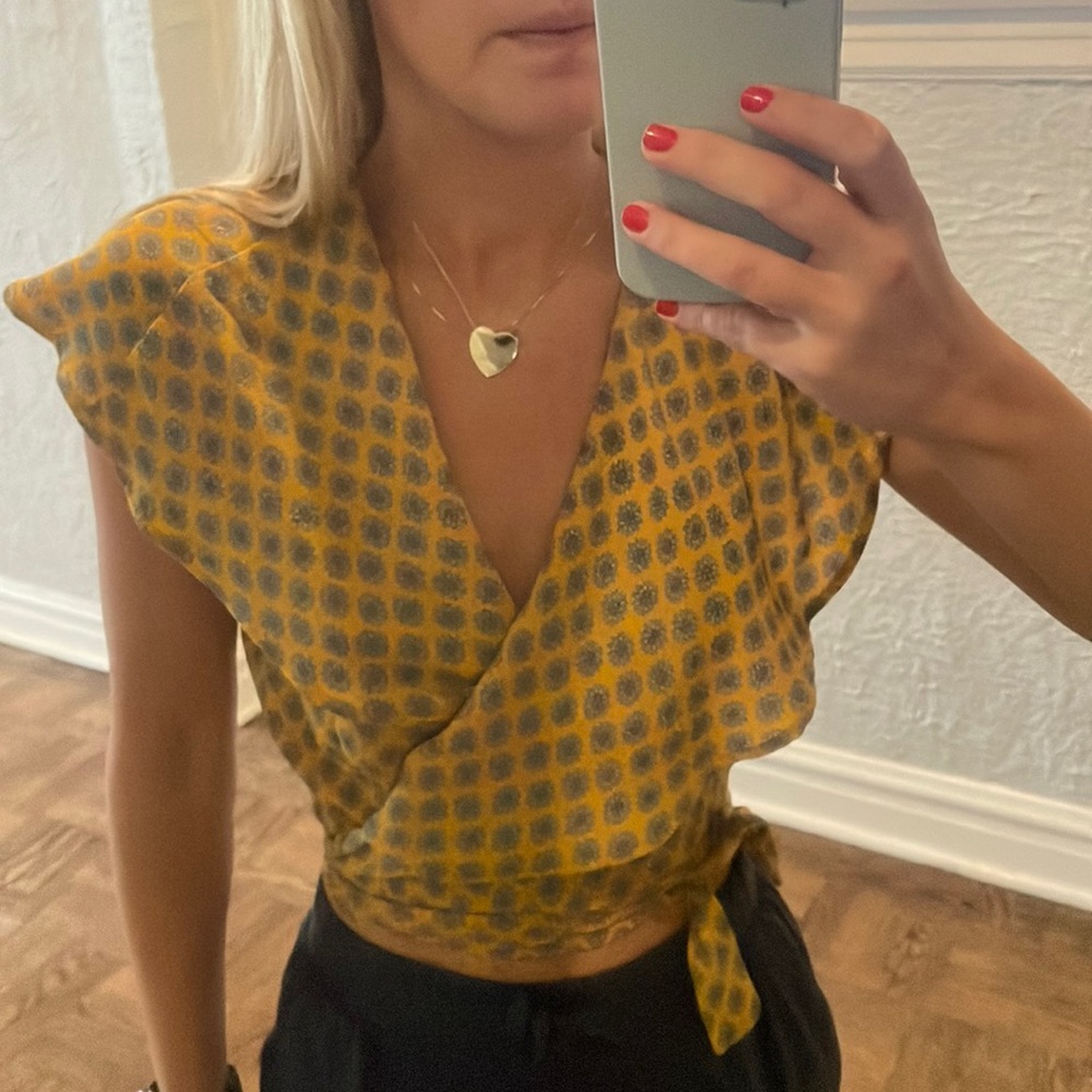Yellow floral wrap shirt!